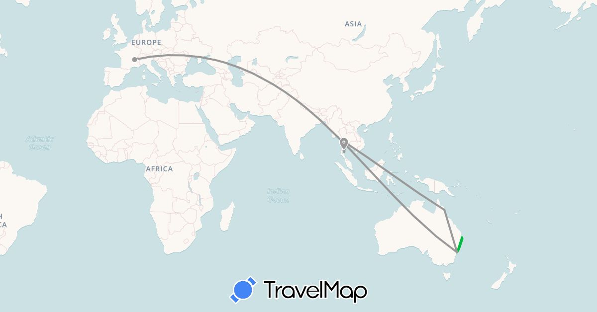 TravelMap itinerary: bus, plane in Australia, France, Thailand (Asia, Europe, Oceania)